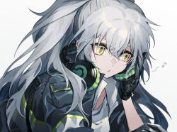 Rule 34 | aek-999 (girls&#039; frontline), black gloves, black jacket, commentary request, eighth note, girls&#039; frontline, gloves, grey background, grey hair, hair between eyes, haizome senri, hand up, headphones, headphones around neck, highres, jacket, long hair, looking away, musical note, open clothes, open jacket, parted lips, ponytail, shirt, signature, simple background, solo, upper body, white shirt, yellow eyes
