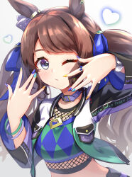 Rule 34 | 1girl, animal ears, bangle, blue eyes, blush, bracelet, brown hair, closed mouth, collar, fishnet top, green jacket, green shirt, hands up, highres, horse ears, jacket, jewelry, long hair, long sleeves, looking at viewer, meyamu, multicolored nails, one eye closed, open clothes, open jacket, purple collar, shirt, solo, tosen jordan (umamusume), twintails, umamusume, upper body, very long hair