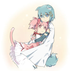 Rule 34 | 10s, 2girls, animal ears, armband, blue hair, bow, cape, cat ears, cat tail, dog ears, dog tail, fortissimo, frills, gloves, gmork, hair bow, hair ornament, hairclip, hug, kaname madoka, kemonomimi mode, magical girl, mahou shoujo madoka magica, mahou shoujo madoka magica (anime), mahou shoujo madoka magica movie 1 &amp; 2, miki sayaka, multiple girls, musical note, musical note hair ornament, pink hair, short hair, short twintails, tail, twintails