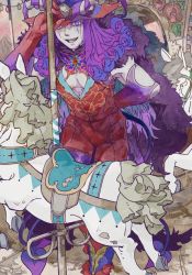 Rule 34 | 1boy, argyle, argyle clothes, argyle legwear, arm behind back, aves plumbum9, blue eyes, blue lips, bow, bowtie, bug, butterfly, butterfly ornament, cape, carousel, center opening, clock, colored skin, curly hair, demon boy, demon tail, facepaint, fate/grand order, fate (series), flower, fur-trimmed cape, fur collar, fur trim, hat, headpiece, horse, insect, leaf, lipstick, long hair, makeup, male focus, mephistopheles (fate), multicolored eyes, multiple tails, open mouth, pantyhose, pectorals, pole, purple eyes, purple hair, rose, saddle, scissors, smile, solo, tail, teardrop, thick eyebrows, tri tails, unzipped, white skin