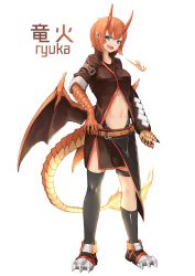 Rule 34 | 1girl, :d, asymmetrical legwear, black thighhighs, breath weapon, breathing fire, dragon girl, dragon horns, dragon tail, dragon wings, fiery tail, fire, flame-tipped tail, full body, green eyes, hand on own hip, highres, hitokuirou, horns, leg strap, long sleeves, looking at viewer, low wings, navel, open mouth, orange hair, original, scales, shoes, simple background, single sock, single thighhigh, smile, socks, solo, standing, tail, thigh strap, thighhighs, uneven legwear, white background, wings