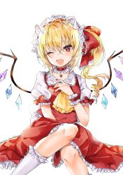 Rule 34 | 1girl, ;d, ascot, between legs, blonde hair, blush, bright pupils, choker, commentary request, fang, feet out of frame, flandre scarlet, hair ribbon, hand between legs, hand on own chest, hat, head tilt, heart pendant, highres, hiiro60, kneehighs, knees up, light blush, looking at viewer, mob cap, nail polish, one eye closed, one side up, open mouth, partial commentary, petticoat, puffy short sleeves, puffy sleeves, red choker, red eyes, red nails, red skirt, red vest, ribbon, shirt, short hair, short sleeves, simple background, sitting, skin fang, skirt, smile, socks, solo, touhou, vest, white background, white hat, white pupils, white shirt, white socks, wings, wrist cuffs, yellow ascot