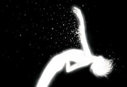 Rule 34 | 1other, androgynous, black background, closed eyes, commentary request, completely nude, cowboy shot, dissolving, falling, korean commentary, nude, original, other focus, outstretched arm, sae sae, short hair, simple background, solo, sparkle, white theme