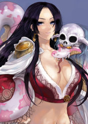 Rule 34 | 1girl, amazon lily, amazon warrior, black hair, blue eyes, boa hancock, breasts, cleavage, earrings, highres, horns, jewelry, lips, long hair, long sleeves, midriff, navel, one piece, pisuke, red shirt, salome (one piece), shirt, skull, snake, solo, upper body