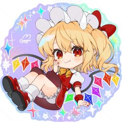 Rule 34 | 1girl, blonde hair, bloomers, blush, closed mouth, collared shirt, crystal, fang, fingernails, flandre scarlet, gotou (nekocat), hair between eyes, hat, long hair, mob cap, nail polish, pointy ears, puffy short sleeves, puffy sleeves, red eyes, red footwear, red nails, red skirt, red vest, sample watermark, shirt, shoes, short sleeves, signature, skirt, smile, solo, touhou, underwear, vest, watermark, white bloomers, white hat, white shirt, wings, wrist cuffs