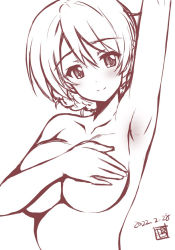 Rule 34 | 1girl, arm up, armpits, blush, braid, breasts, covering privates, covering breasts, darjeeling (girls und panzer), dated, french braid, girls und panzer, kamogawa tanuki, large breasts, looking at viewer, monochrome, signature, smile, solo, upper body