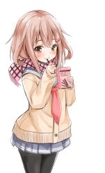 Rule 34 | 1girl, brown eyes, brown hair, commentary, eating, food, fujishima shinnosuke, hair ornament, hairclip, holding, holding food, ikazuchi (kancolle), kantai collection, long sleeves, neckerchief, pantyhose, pink scarf, pleated skirt, pocky, red neckerchief, revision, sailor collar, scarf, short hair, simple background, skirt, smile, solo, white background