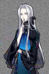 Rule 34 | 1boy, black nails, black ribbon, brooch, chinese clothes, closed mouth, earrings, floral background, forever 7th capital, grey background, hair ribbon, hand up, highres, index finger raised, iscario (forever 7th capital), jewelry, kkaiju (lofter), long hair, long sleeves, looking at viewer, low ponytail, male focus, mole, mole under mouth, nail polish, o-ring, peacock feathers, ponytail, rainbow order, ribbon, see-through, solo, tassel, thorns, upper body, white hair, wide sleeves, yellow eyes