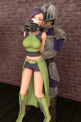 Rule 34 | 1boy, 1girl, abduction, armor, arms behind back, artist request, breasts, chloroform, dragon quest, dragon quest xi, drugged, hand over mouth, highres, kidnapped, legs, martina (dq11), midriff, navel, purple eyes, purple hair, sleepy, smile, square enix