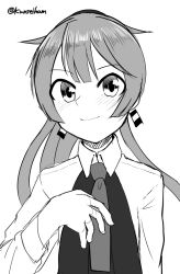 Rule 34 | 1girl, greyscale, hair ribbon, hand on own chest, kantai collection, kazagumo (kancolle), kunsei hamu, long hair, looking at viewer, monochrome, neckerchief, one-hour drawing challenge, ponytail, ribbon, school uniform, solo, upper body