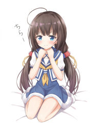 Rule 34 | 10s, 1girl, ahoge, akira (been0328), bad id, bad pixiv id, blue eyes, blush, brown hair, closed mouth, hinatsuru ai, long hair, looking at viewer, low twintails, ryuuou no oshigoto!, school uniform, short sleeves, simple background, sitting, smile, solo, twintails, wariza, white background