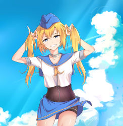 Rule 34 | 1girl, absurdres, arms up, bad id, bad pixiv id, blonde hair, blue background, blue eyes, blue hat, blue sky, bodysuit, breasts, cloud, collarbone, contrail, cowboy shot, day, garrison cap, grin, hat, highres, johnston (warship girls r), lipstick, long hair, looking at viewer, makeup, playing with own hair, qiancong, sailor collar, sarong, shirt, short sleeves, shorts, signature, signaure, sky, small breasts, smile, solo, standing, teeth, twintails, warship girls r, white shirt