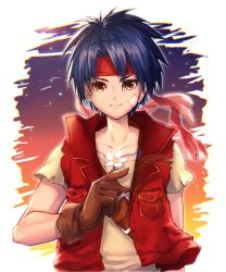 Rule 34 | 1boy, belt, blue hair, closed mouth, commentary request, denim, gloves, headband, jacket, looking at viewer, male focus, natto0123, red headband, red vest, rody roughnight, short hair, solo, vest, wild arms, wild arms 1