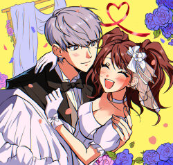 Rule 34 | 1boy, 1girl, :d, ^ ^, alternate costume, arm around neck, black bow, black bowtie, black jacket, blue flower, blue rose, blush, bow, bowtie, bridal veil, brown hair, carrying, choker, closed eyes, closed mouth, collared shirt, commentary, couple, curtains, dress, flower, gloves, grey eyes, grey hair, grey vest, hair bow, hand on another&#039;s shoulder, hetero, highres, husband and wife, jacket, joowon (jju oon), kujikawa rise, long hair, long sleeves, looking at another, narukami yuu, open mouth, persona, persona 4, princess carry, rose, shirt, short hair, short sleeves, simple background, smile, strapless, strapless dress, teeth, traditional bowtie, tuxedo, twintails, upper teeth only, veil, vest, wedding, wedding dress, white bow, white choker, white dress, white gloves, wing collar, yellow background