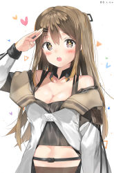 Rule 34 | 1girl, :o, arm up, bad id, bad pixiv id, bare shoulders, breasts, brown eyes, brown hair, cleavage, coat, collarbone, detached collar, girls&#039; frontline, h shai, hair ornament, hairclip, heart, highres, k2 (girls&#039; frontline), long hair, long sleeves, looking at viewer, medium breasts, navel, open clothes, open coat, open mouth, salute, sidelocks, simple background, solo, tank top, tareme, upper body, white background, white coat