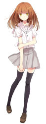 Rule 34 | 1girl, black thighhighs, brown hair, female focus, hime cut, koto (colorcube), loafers, long hair, looking at viewer, orange eyes, original, pleated skirt, school uniform, shoes, simple background, skirt, solo, standing, standing on one leg, straight hair, thighhighs, uniform, white background, zettai ryouiki