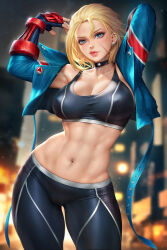 Rule 34 | 1girl, abs, armpits, blonde hair, blue jacket, blurry, blurry background, breasts, cammy white, cleavage, crop top, cropped jacket, facial scar, fingerless gloves, gloves, highres, jacket, large breasts, muscular, muscular female, navel, navel piercing, neoartcore, pants, piercing, scar, scar on cheek, scar on face, short hair, solo, standing, stomach, street fighter, street fighter 6, tight clothes, tight pants, vambraces