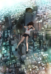 Rule 34 | 1girl, black footwear, black hair, black skirt, blue eyes, building, city, cityscape, commentary request, covered mouth, day, falling, finger frame, floating hair, from above, full body, hands up, loafers, long hair, looking at viewer, midair, miniskirt, neckerchief, one eye closed, original, outdoors, pleated skirt, sailor collar, school uniform, serafuku, shirt, shoes, short sleeves, skirt, skyscraper, socks, solo, somehira katsu, white shirt, white socks, wind