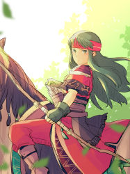 Rule 34 | 1girl, armor, arrow (projectile), bandana, black gloves, boots, bow (weapon), brown footwear, dress, expressionless, fingerless gloves, fire emblem, fire emblem: the binding blade, gloves, green eyes, green hair, headband, highres, horse, horseback riding, long hair, looking at viewer, nintendo, nishimura (nianiamu), pants, plant, quiver, riding, sash, short sleeves, shoulder armor, solo, straight hair, sue (fire emblem), weapon