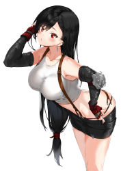 Rule 34 | 1girl, absurdres, black hair, black skirt, blush, breasts, butt crack, earrings, elbow gloves, elbow pads, final fantasy, final fantasy vii, fingerless gloves, gloves, highres, jewelry, leaning forward, long hair, looking at viewer, low-tied long hair, open mouth, pencil skirt, pixel (yuxian), red eyes, shirt, simple background, skirt, solo, square enix, suspender skirt, suspenders, tank top, taut clothes, taut shirt, thighs, tifa lockhart, white background, white tank top