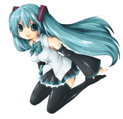 Rule 34 | 1girl, akina rei, aqua eyes, aqua hair, breasts, detached sleeves, female focus, full body, hatsune miku, long hair, necktie, simple background, sitting, skirt, smile, solo, thighhighs, twintails, very long hair, vocaloid, wariza, white background
