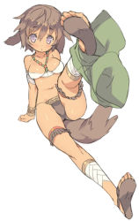 Rule 34 | 10s, 1girl, animal ears, ankle wrap, bare shoulders, blade (galaxist), blush, breasts, brown hair, cleavage, dark-skinned female, dark skin, dog ears, dog tail, elbia hernaiman, jewelry, leg up, looking at viewer, lots of jewelry, navel, necklace, outbreak company, purple eyes, sandals, simple background, sitting, solo, tail, toes, tribal, white background
