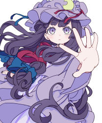 Rule 34 | 1girl, absurdres, blue bow, blush, bow, closed mouth, crescent, crescent hat ornament, dress, fingernails, foreshortening, hair bow, hat, hat ornament, highres, kame (kamepan44231), long hair, long sleeves, looking at viewer, mob cap, nail polish, patchouli knowledge, purple dress, purple eyes, purple hair, purple hat, purple nails, reaching, reaching towards viewer, red bow, simple background, solo, touhou, white background, wide sleeves
