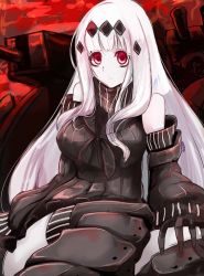 Rule 34 | 10s, 1girl, abyssal ship, aircraft carrier water oni, armor, armored boots, bad id, bad pixiv id, bare shoulders, black dress, black gloves, blunt bangs, boots, breasts, colored skin, detached sleeves, dress, gloves, hair ornament, kantai collection, knee boots, large breasts, long hair, looking at viewer, machinery, neckerchief, pale skin, red eyes, ribbed dress, sailor collar, sailor dress, short dress, skirt, thighhighs, tokoi, white hair, white skin, white skirt, zettai ryouiki