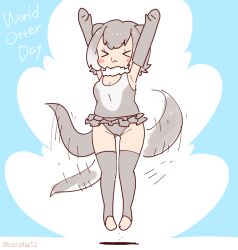 Rule 34 | 1girl, animal ears, arms up, blue background, coroha, elbow gloves, extra ears, full body, gloves, grey hair, jumping, kemono friends, looking at viewer, otter ears, otter girl, otter tail, scarf, short hair, simple background, small-clawed otter (kemono friends), solo, swimsuit, tail, thighhighs