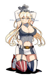 Rule 34 | 1girl, armpits, arms up, asymmetrical legwear, blonde hair, blue eyes, breasts, character name, cleavage, commentary request, elbow gloves, fingerless gloves, front-tie top, garter straps, gloves, headgear, highres, iowa (kancolle), kantai collection, kneeling, large breasts, long hair, looking at viewer, miniskirt, mismatched legwear, oso (toolate), skirt, solo, star-shaped pupils, star (symbol), striped clothes, striped thighhighs, symbol-shaped pupils, thighhighs, thighs, vertical-striped clothes, vertical-striped thighhighs, very long hair