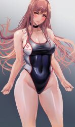 Rule 34 | 1girl, absurdres, bare shoulders, black choker, black one-piece swimsuit, black towel, breasts, brown hair, choker, cleavage, closed mouth, collarbone, competition swimsuit, covered navel, goddess of victory: nikke, gradient background, groin, hair between eyes, hand on own hip, hand up, highleg, highleg swimsuit, highres, kyel hyde, large breasts, light blush, long hair, looking at viewer, official alternate costume, one-piece swimsuit, orange eyes, rapi (classic vacation) (nikke), rapi (nikke), sidelocks, solo, standing, swimsuit, towel, towel around neck, two-tone background, two-tone swimsuit, very long hair, white one-piece swimsuit, wide hips