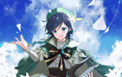 Rule 34 | 1boy, :d, bard, beret, black bow, black hair, blue hair, blue sky, blush, bow, braid, cape, chinese commentary, cloud, commentary request, day, flower, frilled sleeves, frills, genshin impact, gradient hair, green cape, green eyes, green hat, hair between eyes, hair flower, hair ornament, harp, hat, hat feather, highres, holding, holding instrument, instrument, long sleeves, looking at viewer, male focus, medium hair, multicolored hair, music, musical note, open mouth, outdoors, playing instrument, shirt, sidelocks, sky, smile, solo, standing, twin braids, upper body, venti (genshin impact), white shirt, zhongwu chahui