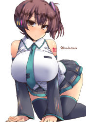Rule 34 | 1girl, breasts, brown eyes, brown hair, cosplay, detached sleeves, hair ornament, hatsune miku, hatsune miku (cosplay), huge breasts, kaga (kancolle), kantai collection, large breasts, looking at viewer, necktie, shinshin, side ponytail, simple background, skirt, solo, vocaloid