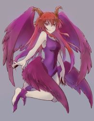 Rule 34 | 1girl, akura (arc the lad), arc the lad, arc the lad ii, bare shoulders, breasts, commentary request, fingernails, horns, leotard, long hair, medium breasts, multiple wings, purple leotard, red eyes, red hair, red leotard, sharp fingernails, smile, solo, surume (surume 8738), wings
