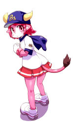 Rule 34 | 1girl, baseball cap, baseball jersey, buffalo bell, clothes writing, gloves, hat, highres, horns, jersey, kaname nagi, mascot, miniskirt, nippon professional baseball, orix buffaloes, pink eyes, pink hair, pink skirt, pink theme, pleated skirt, red eyes, short hair, simple background, skirt, solo, striped clothes, striped skirt, tail