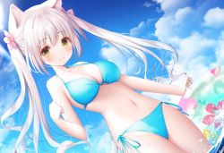 Rule 34 | 1girl, animal ear fluff, animal ears, bad id, bad pixiv id, ball, bare arms, bare shoulders, beachball, bikini, blue bikini, blue sky, blush, breasts, brown eyes, cat ears, cat girl, cat tail, cleavage, closed mouth, cloud, cloudy sky, day, hair between eyes, halterneck, hand up, long hair, looking at viewer, medium breasts, murano, navel, original, outdoors, side-tie bikini bottom, sky, smile, solo, standing, string bikini, swimsuit, tail, tail raised, twintails, very long hair, wading, water, white hair