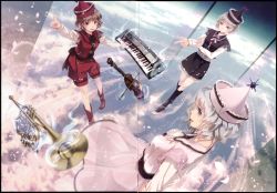 Rule 34 | 3girls, adapted costume, alternate costume, arms behind back, black socks, blonde hair, blue eyes, blue hair, blue sky, boots, breasts, brown eyes, brown hair, cherry blossoms, dress, family, hat, highres, instrument, keyboard (instrument), kneehighs, long sleeves, looking at another, looking at viewer, lunasa prismriver, lyrica prismriver, merlin prismriver, miyuki ruria, multiple girls, music, open mouth, petals, playing instrument, pointing, profile, scan, shirt, short hair, siblings, sisters, skirt, sky, small breasts, smile, socks, standing, touhou, trumpet, vest, violin, white shirt, yellow eyes