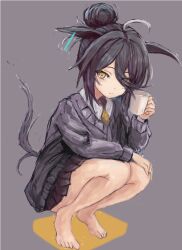 Rule 34 | 1girl, animal ears, barefoot, black skirt, black sweater, closed mouth, collared shirt, colored shadow, cup, eyes visible through hair, grey background, hair bun, hair over one eye, holding, holding cup, horse ears, horse girl, horse tail, long sleeves, looking at viewer, manhattan cafe (umamusume), mug, necktie, pleated skirt, shadow, shirt, simple background, skirt, solo, squatting, sweater, tail, tiptoes, umamusume, white shirt, yanagi wakana, yellow eyes, yellow necktie