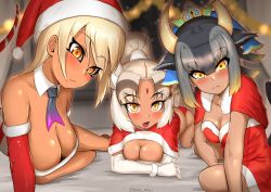 Rule 34 | 3girls, all fours, alternate costume, animal ears, arm support, bare arms, bare legs, bare shoulders, black hair, blonde hair, blush, breasts, broken horn, brown hair, capelet, christmas, christmas ornaments, christmas tree, cleavage, closed mouth, dark-skinned female, dark skin, detached collar, elbow gloves, forehead, gloves, goshingyu-sama (kemono friends), grey hair, hat, high ponytail, horns, indian wolf (kemono friends), indoors, kashisu mint, kemono friends, king cobra (kemono friends), leaning forward, light smile, long hair, looking at viewer, lying, medium breasts, medium hair, multicolored hair, multiple girls, necktie, on ground, on side, open mouth, ox ears, ox horns, santa costume, santa hat, shiny skin, sitting, smile, snake tail, strapless, tail, tan, wolf ears, yellow eyes, yellow horns