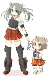 Rule 34 | 10s, 2girls, aircraft, airplane, boots, commentary request, grey hair, hachimaki, holding hands, headband, high ponytail, japanese clothes, kantai collection, light brown hair, long hair, long sleeves, miko, multiple girls, muneate, nontraditional miko, pleated skirt, red skirt, short sleeves, shorts, skirt, tamute (2580rs), thigh boots, thighhighs, twintails, wide sleeves, aged down, zuihou (kancolle), zuikaku (kancolle)