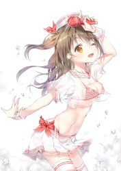 Rule 34 | 1girl, ;d, bad id, bad pixiv id, bikini, bikini under clothes, blush, breasts, brown eyes, brown hair, cleavage, collarbone, commentary request, glint, hair between eyes, hair ribbon, hat, holding, holding microphone, idolmaster, idolmaster cinderella girls, long hair, looking at viewer, medium breasts, microphone, one eye closed, open mouth, pleated skirt, qlakwnd, red ribbon, ribbon, school uniform, see-through, serafuku, shimamura uzuki, shirt, short sleeves, skirt, smile, solo, striped bikini, striped clothes, swimsuit, thighhighs, two side up, water drop, white background, white hat, white thighhighs, wrist cuffs