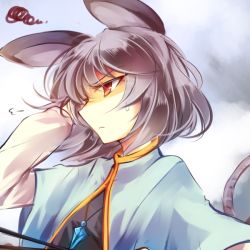Rule 34 | 1girl, animal ears, capelet, cloud, cloudy sky, dress, gem, grey dress, grey hair, jewelry, kutsuki kai, long sleeves, mouse ears, mouse tail, nazrin, necklace, pendant, red eyes, shirt, sky, solo, squiggle, tail, touhou, upper body