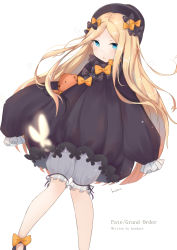 Rule 34 | 1girl, abigail williams (fate), artist name, black bow, black dress, black hat, blonde hair, bloomers, blue eyes, blush, bow, bug, butterfly, copyright name, dress, eyebrows hidden by hair, fate/grand order, fate (series), forehead, hair bow, hat, highres, hugging object, huidare, insect, knees together feet apart, long hair, long sleeves, looking at viewer, orange bow, parted bangs, parted lips, polka dot, polka dot bow, simple background, sleeves past fingers, sleeves past wrists, solo, stuffed animal, stuffed toy, teddy bear, underwear, very long hair, white background, white bloomers