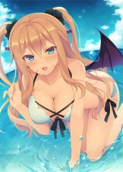 Rule 34 | 1girl, :d, all fours, animal, aotsu karin, aqua eyes, bat wings, bikini, bird, blonde hair, blue sky, blush, breasts, cleavage, cloud, collarbone, commentary request, day, fangs, front-tie bikini top, front-tie top, glint, hair between eyes, hair ornament, hair scrunchie, hand up, large breasts, long hair, looking at viewer, open mouth, original, outdoors, scrunchie, shirayuki maria, side-tie bikini bottom, sky, smile, solo, splashing, swimsuit, two side up, water drop, wet, white bikini, wings