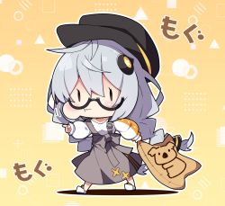 Rule 34 | 1girl, :t, a.i. voice, black-framed eyewear, black hat, blush, braid, brown background, brown eyes, cabbie hat, chibi, closed mouth, commentary request, finger gun, food, full body, grey hair, grey skirt, hair between eyes, hat, highres, holding, holding food, kizuna akari, kizuna akari (a.i. voice), koala no march, long hair, long sleeves, low twintails, milkpanda, puffy cheeks, puffy long sleeves, puffy sleeves, semi-rimless eyewear, shirt, shoes, skirt, sleeves past wrists, solo, standing, suspender skirt, suspenders, translation request, twin braids, twintails, under-rim eyewear, very long hair, voiceroid, wavy mouth, white footwear, white shirt