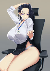Rule 34 | 1girl, arm up, bare legs, black hair, black nails, black skirt, blueorca, breasts, chair, clothes lift, collared shirt, eyelashes, grey background, hand on own head, highres, huge breasts, lanyard, lifting own clothes, looking at viewer, mole, mole under eye, nail polish, office chair, office lady, original, panties, purple eyes, shirt, shirt tucked in, simple background, sitting, skirt, skirt lift, solo, swivel chair, thighs, underwear, white panties, white shirt