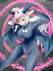 Rule 34 | absurdres, breasts, crossover, demon girl, demon horns, demon wings, devilman (dragonball), dragon ball, fairy tail, flatpancakesjim, highres, horns, large breasts, long hair, mirajane strauss, pants, simple background, spike the devilman, tight clothes, tight pants, white hair, wings