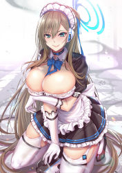 Rule 34 | 1girl, absurdres, apron, asuna (blue archive), black dress, blue archive, blue neckwear, blush, bow, bowtie, breasts, cleavage, closed mouth, commentary request, dress, elbow gloves, gloves, gu li, headphones, highres, kneeling, large breasts, light brown hair, long hair, long sleeves, looking at viewer, maid headdress, mole, mole on breast, neck ribbon, revision, ribbon, short sleeves, smile, solo, thighhighs, thighs, white apron, white gloves, white thighhighs