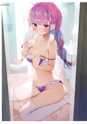 Rule 34 | 1girl, absurdres, ahoge, blush, braid, breasts, gaou (umaiyo puyoman), highres, hololive, long hair, looking at viewer, medium breasts, minato aqua, multicolored hair, purple eyes, scan, shiny skin, simple background, solo, thighs, twin braids, two-tone hair, underwear, underwear only, virtual youtuber