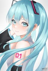 Rule 34 | 1girl, 2022, absurdres, arm tattoo, artist name, black sleeves, blouse, blue eyes, blue hair, breasts, character name, closed mouth, dated, detached sleeves, floating hair, grey shirt, hair between eyes, hair ornament, hatsune miku, highres, long hair, long sleeves, looking at viewer, samisuke (pkah8535), shirt, shoulder tattoo, sleeveless, sleeveless shirt, small breasts, smile, solo, tattoo, twintails, upper body, vocaloid, white background